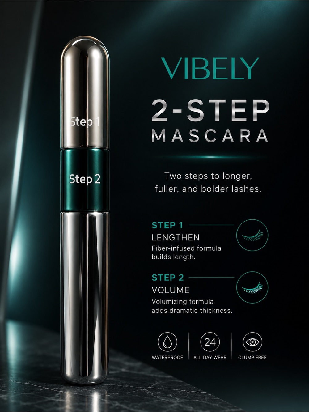 Vibe 2-Step Mascara — Emerald Green Volume & Length Color: Black